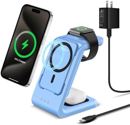 3 in 1 Wireless Charging Station: 5000mAh Removable Power Bank Charger Stand for Phone/Watch/Air Pods - Portable Magnetic Battery Pack for Air 17 16 15 14 13 12 Series