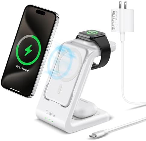 3 in 1 Wireless Charging Station: 5000mAh Removable Power Bank Charger Stand for Phone/Watch/Air Pods - Portable Magnetic Battery Pack for Air 17 16 15 14 13 12 Series