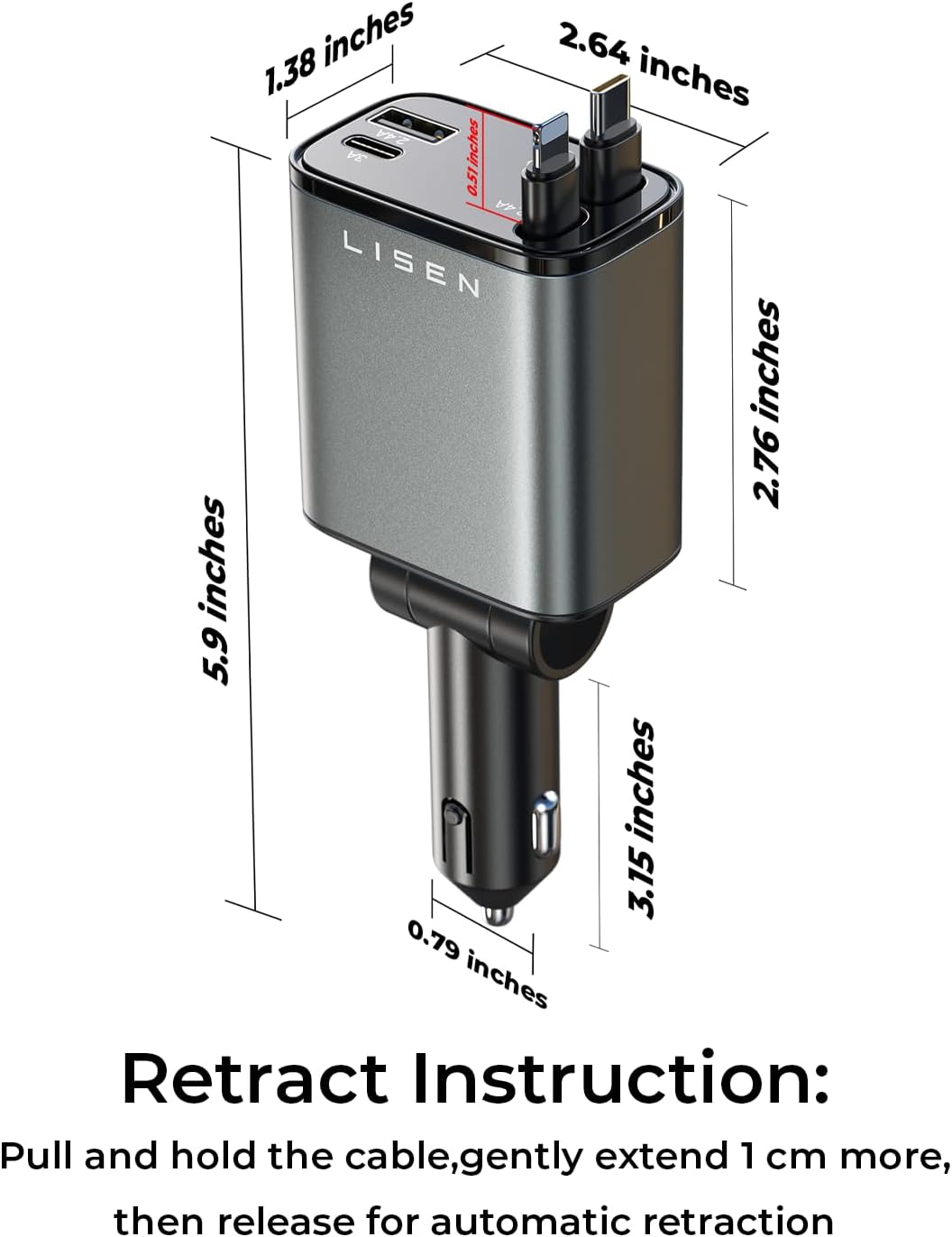 LISEN Retractable Car Charger, for Christmas Day Gifts for Men Women, 69W Cars Adapter USB C Fast Charger for iPhone 17, Car Accessories for Men Women Drivers, for iPhone 17 Pro Max Air 15 16 12 13 14