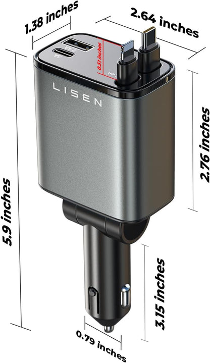 LISEN Retractable Car Charger, for Christmas Day Gifts for Men Women, 69W Cars Adapter USB C Fast Charger for iPhone 17, Car Accessories for Men Women Drivers, for iPhone 17 Pro Max Air 15 16 12 13 14