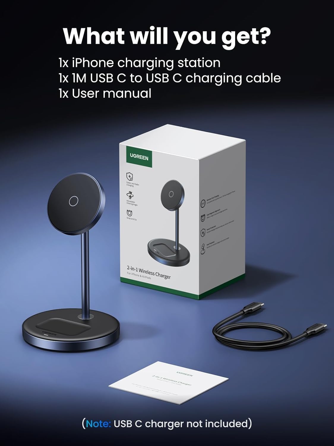 UGREEN Magsafe Charger, Magentic Wireless Charger, 2-in-1 Qi MagFlow Charging Stand, with 1M USB-C Cable for iPhone 16/15/14/13/12 Series and AirPods Series (No AC Adapter)