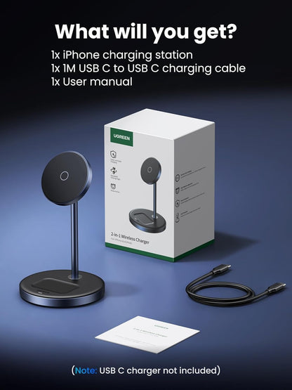UGREEN Magsafe Charger, Magentic Wireless Charger, 2-in-1 Qi MagFlow Charging Stand, with 1M USB-C Cable for iPhone 16/15/14/13/12 Series and AirPods Series (No AC Adapter)