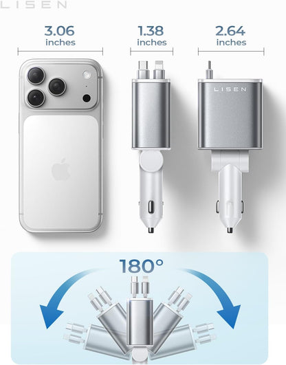 LISEN Retractable Car Charger, for Christmas Day Gifts for Men Women, 69W Cars Adapter USB C Fast Charger for iPhone 17, Car Accessories for Men Women Drivers, for iPhone 17 Pro Max Air 15 16 12 13 14