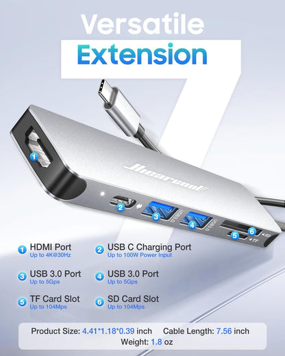 Hiearcool USB C Hub for MacBook – 7-in-1 USBC Adapter with 4K HDMI, 100W PD, USB 3.0 5Gbps Ports, SD/TF Card Reader – USB-C Dongle for Office, Meetings, Travel & Home Setup-Space Grey