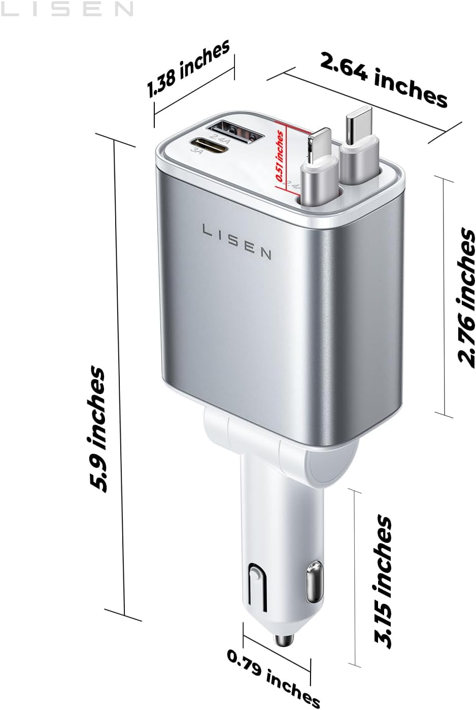 LISEN Retractable Car Charger, for Christmas Day Gifts for Men Women, 69W Cars Adapter USB C Fast Charger for iPhone 17, Car Accessories for Men Women Drivers, for iPhone 17 Pro Max Air 15 16 12 13 14