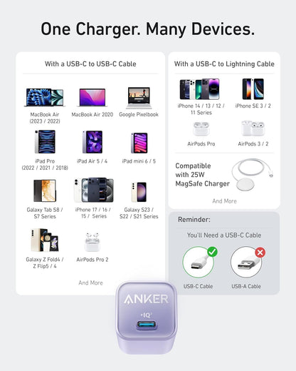 Anker Nano Charger, USB C GaN Charger 30W, PIQ 3.0 Foldable PPS Fast Charger for iPhone 17 / 16 and more series, Galaxy, iPad, Compatible with MagSafe