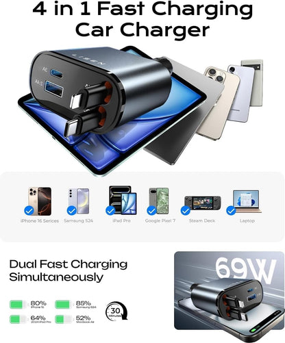 LISEN Retractable Car Charger, for Christmas Day Gifts for Men Women, 69W Cars Adapter USB C Fast Charger for iPhone 17, Car Accessories for Men Women Drivers, for iPhone 17 Pro Max Air 15 16 12 13 14