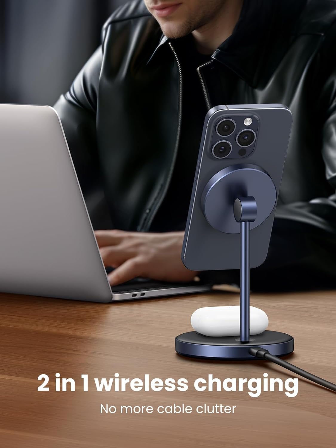 UGREEN Magsafe Charger, Magentic Wireless Charger, 2-in-1 Qi MagFlow Charging Stand, with 1M USB-C Cable for iPhone 16/15/14/13/12 Series and AirPods Series (No AC Adapter)