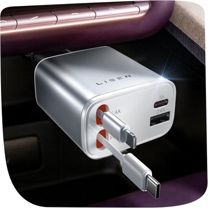 LISEN Retractable Car Charger, for Christmas Day Gifts for Men Women, 69W Cars Adapter USB C Fast Charger for iPhone 17, Car Accessories for Men Women Drivers, for iPhone 17 Pro Max Air 15 16 12 13 14