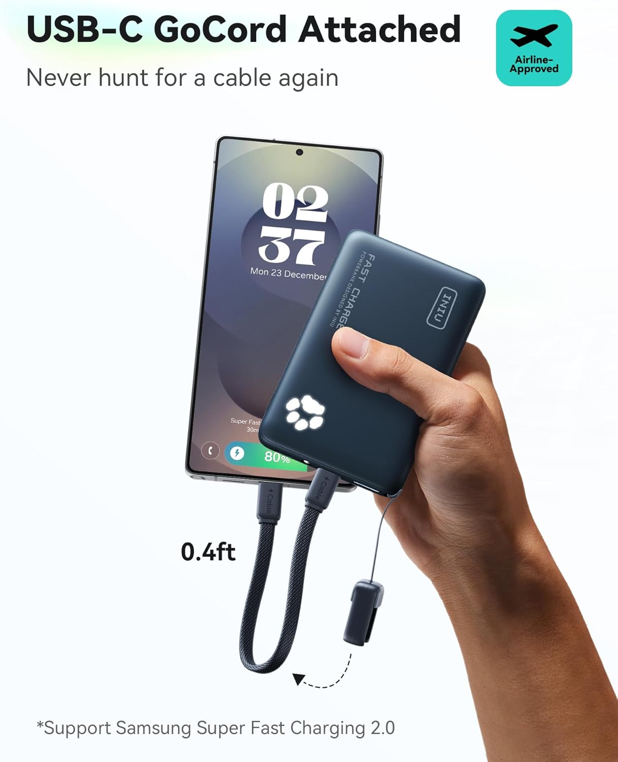 INIU Portable Charger, Ultra Slim 45W Fast Charging with Attached USB C Cable, Flight-Safe 10000mAh PD Power Bank Battery Pack, Travel Essential Phone Powerbank for iPhone 17 16 Samsung S25 Google etc