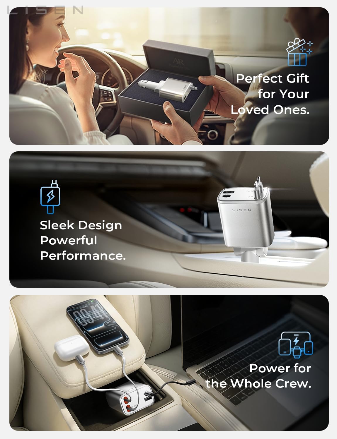 LISEN Retractable Car Charger, for Christmas Day Gifts for Men Women, 69W Cars Adapter USB C Fast Charger for iPhone 17, Car Accessories for Men Women Drivers, for iPhone 17 Pro Max Air 15 16 12 13 14