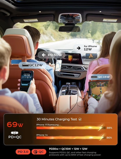 LISEN Retractable Car Charger, for Christmas Day Gifts for Men Women, 69W Cars Adapter USB C Fast Charger for iPhone 17, Car Accessories for Men Women Drivers, for iPhone 17 Pro Max Air 15 16 12 13 14