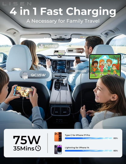 LISEN Retractable Car Charger, for Christmas Day Gifts for Men Women, 69W Cars Adapter USB C Fast Charger for iPhone 17, Car Accessories for Men Women Drivers, for iPhone 17 Pro Max Air 15 16 12 13 14