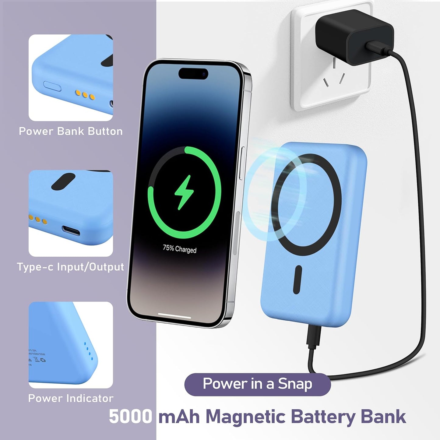 3 in 1 Wireless Charging Station: 5000mAh Removable Power Bank Charger Stand for Phone/Watch/Air Pods - Portable Magnetic Battery Pack for Air 17 16 15 14 13 12 Series
