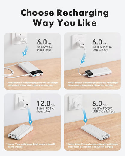 charmast 20000mAh Portable Charger with Built in Cables, 22.5W Travel Power Bank Fast Charging, USB C Cell Phone Battery Pack for iPhone 16/15/14/13/12/11 Series, iPad, Samsung, Android, Tablet