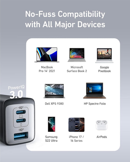 Anker Charger, 65W 3-Port Fast Compact Foldable USB C Charger Block for MacBook Pro/Air, iPad Pro, Galaxy S20, Dell XPS 13, Note 20/10+, iPhone 17 Series, Steam Deck, and More