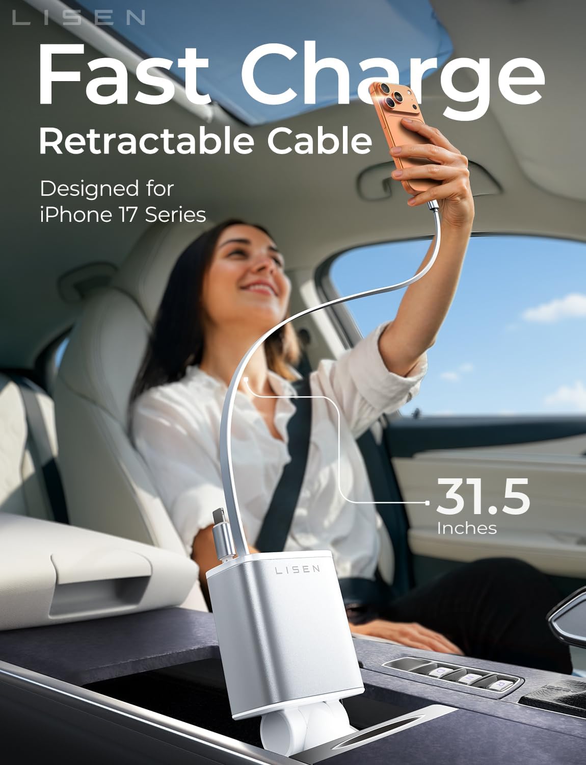 LISEN Retractable Car Charger, for Christmas Day Gifts for Men Women, 69W Cars Adapter USB C Fast Charger for iPhone 17, Car Accessories for Men Women Drivers, for iPhone 17 Pro Max Air 15 16 12 13 14