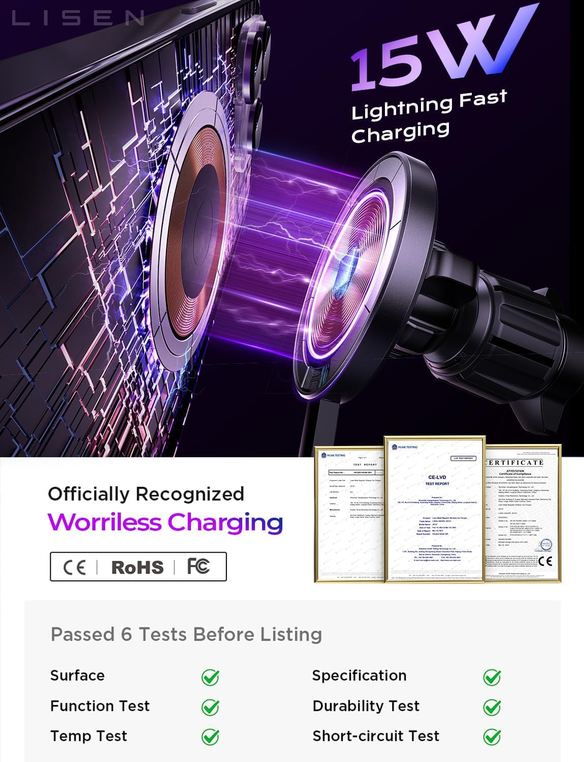 LISEN for 15W MagSafe Car Mount Charger,Magnetic Wireless Car Charger for iPhone 17 Pro Max Accessories,Magnetic Phone Holder for iPhone 17-12,Samsung,Pixel,Jeep Ford F150 Accessories,Gifts for Men