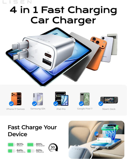LISEN Retractable Car Charger, for Christmas Day Gifts for Men Women, 69W Cars Adapter USB C Fast Charger for iPhone 17, Car Accessories for Men Women Drivers, for iPhone 17 Pro Max Air 15 16 12 13 14