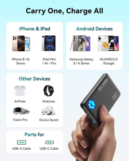 INIU Portable Charger, Ultra Slim 45W Fast Charging with Attached USB C Cable, Flight-Safe 10000mAh PD Power Bank Battery Pack, Travel Essential Phone Powerbank for iPhone 17 16 Samsung S25 Google etc