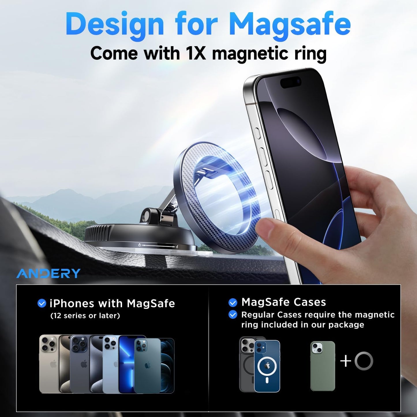 ANDERY Car Phone Holder for Magsafe [78+LBS Strongest Suction & 2400gf Magnetic] 360° Adjustable Car Phone Mount, Phone Holders for Your Car for iPhone 17 Pro Max 16 15 14 13 12 Air Plus, Carbon Fiber
