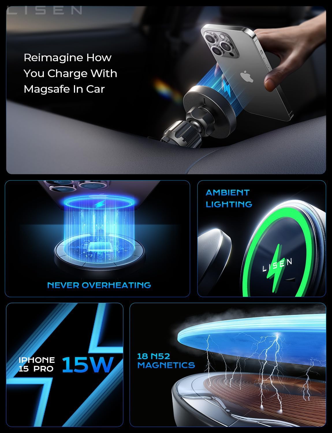 LISEN for 15W MagSafe Car Mount Charger,Magnetic Wireless Car Charger for iPhone 17 Pro Max Accessories,Magnetic Phone Holder for iPhone 17-12,Samsung,Pixel,Jeep Ford F150 Accessories,Gifts for Men