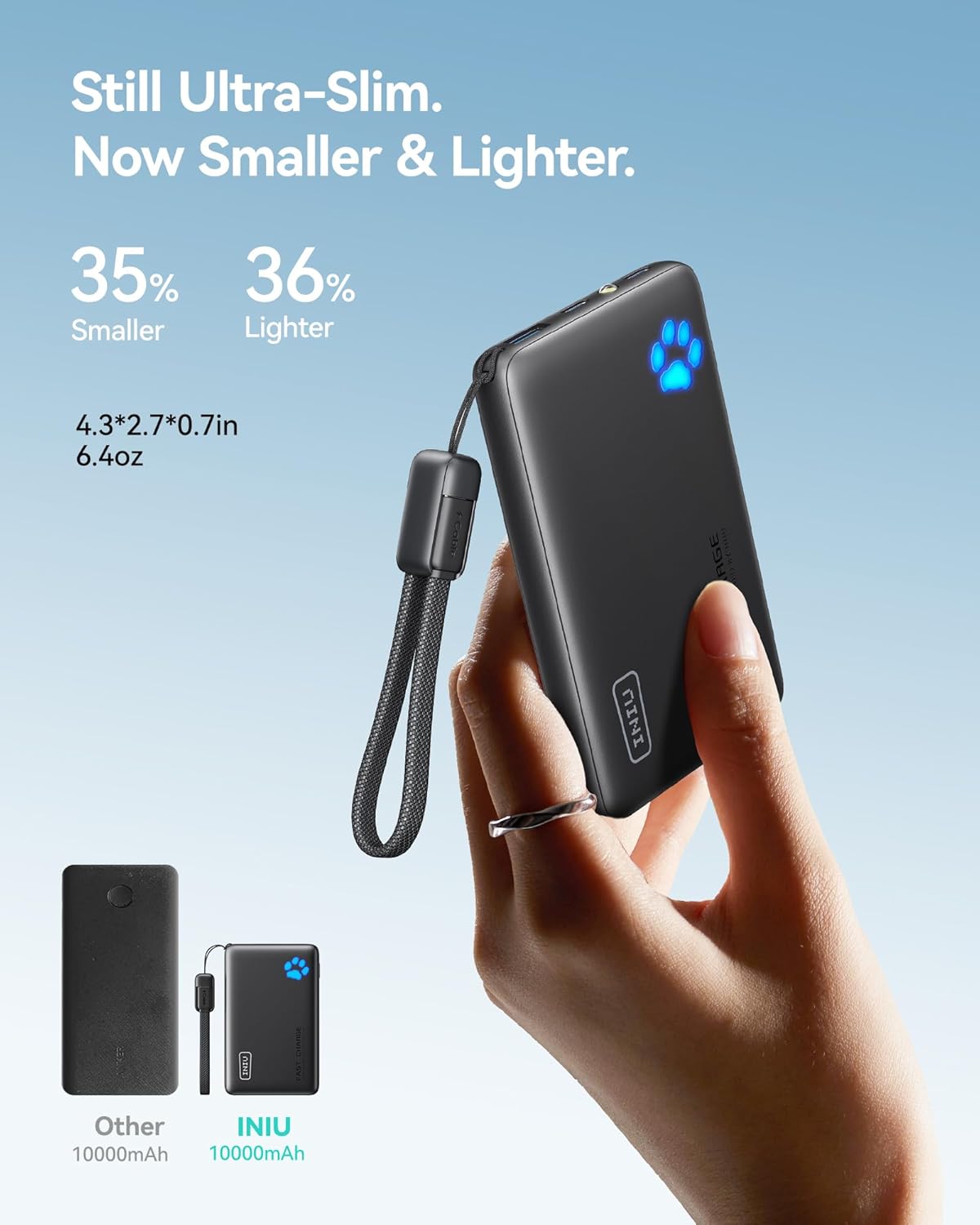 INIU Portable Charger, Ultra Slim 45W Fast Charging with Attached USB C Cable, Flight-Safe 10000mAh PD Power Bank Battery Pack, Travel Essential Phone Powerbank for iPhone 17 16 Samsung S25 Google etc