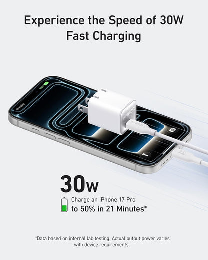 Anker Nano Charger, USB C GaN Charger 30W, PIQ 3.0 Foldable PPS Fast Charger for iPhone 17 / 16 and more series, Galaxy, iPad, Compatible with MagSafe