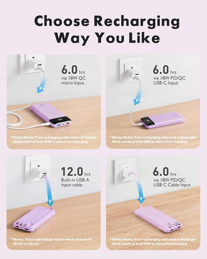 charmast 20000mAh Portable Charger with Built in Cables, 22.5W Travel Power Bank Fast Charging, USB C Cell Phone Battery Pack for iPhone 16/15/14/13/12/11 Series, iPad, Samsung, Android, Tablet