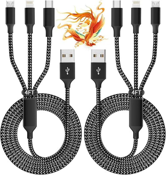 IDISON Multi Charging Cable(2Pack 4FT), 3 in 1 USB Charging Cable for Multiple Devices, Braided Universal Phone Charger Cord with Type-C, Micro USB, IP Port for iPhone17/16/14/Android Phones and More