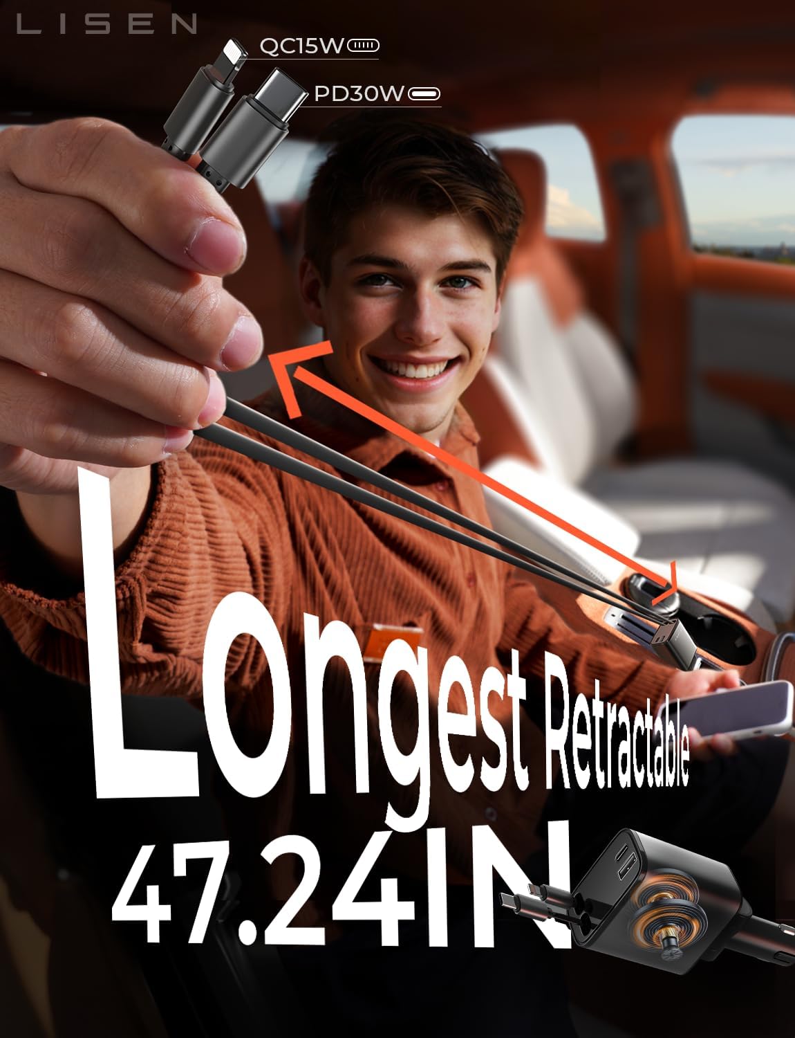 LISEN Retractable Car Charger, for Christmas Day Gifts for Men Women, 69W Cars Adapter USB C Fast Charger for iPhone 17, Car Accessories for Men Women Drivers, for iPhone 17 Pro Max Air 15 16 12 13 14