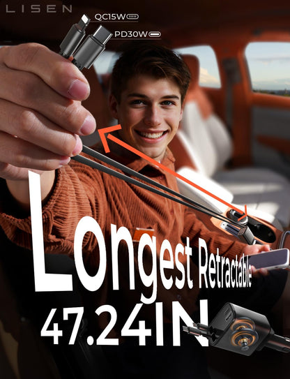 LISEN Retractable Car Charger, for Christmas Day Gifts for Men Women, 69W Cars Adapter USB C Fast Charger for iPhone 17, Car Accessories for Men Women Drivers, for iPhone 17 Pro Max Air 15 16 12 13 14
