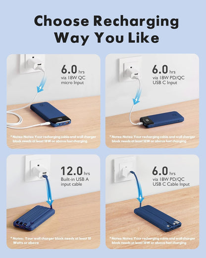charmast 20000mAh Portable Charger with Built in Cables, 22.5W Travel Power Bank Fast Charging, USB C Cell Phone Battery Pack for iPhone 16/15/14/13/12/11 Series, iPad, Samsung, Android, Tablet