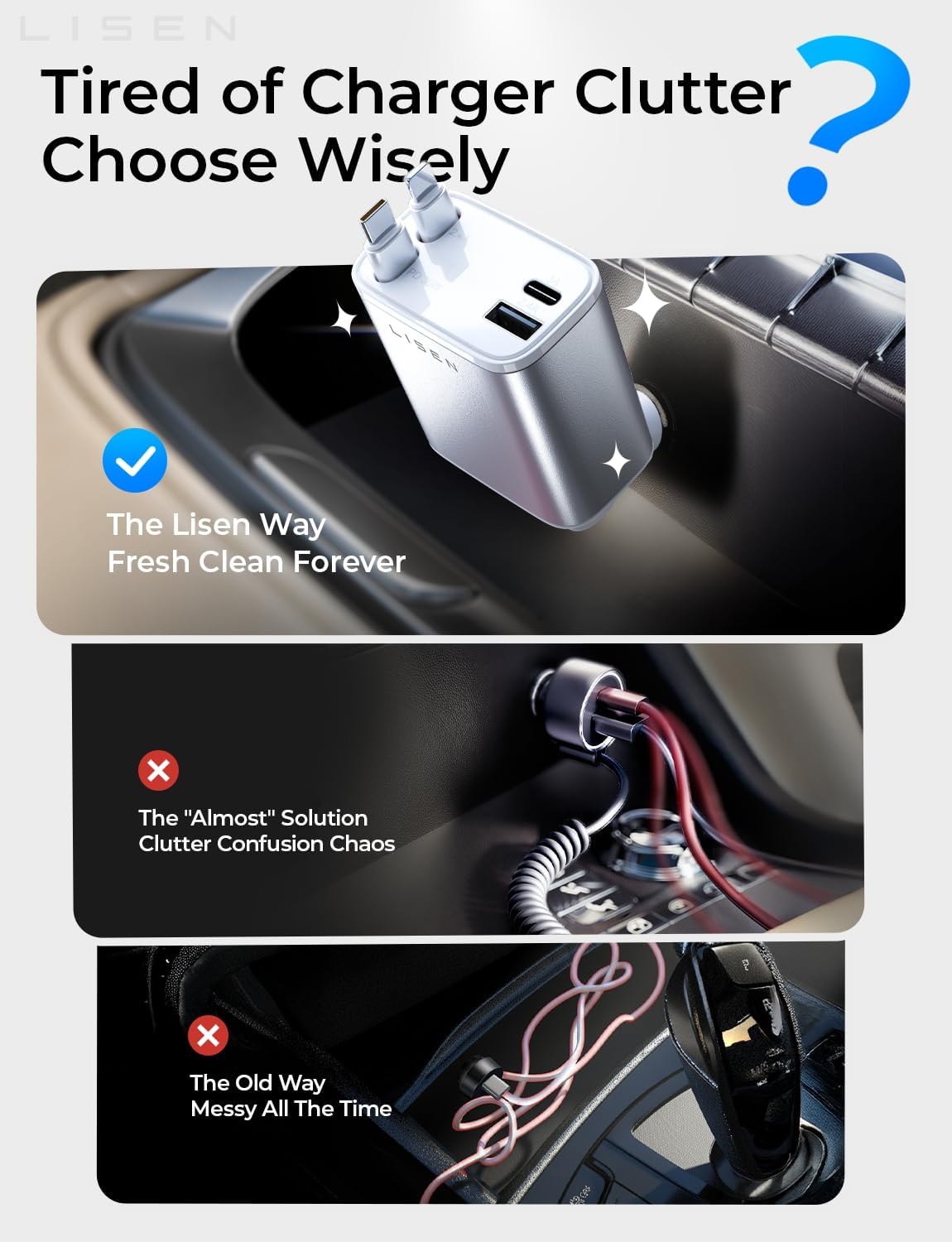 LISEN Retractable Car Charger, for Christmas Day Gifts for Men Women, 69W Cars Adapter USB C Fast Charger for iPhone 17, Car Accessories for Men Women Drivers, for iPhone 17 Pro Max Air 15 16 12 13 14