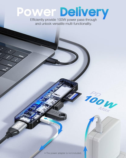 Hiearcool USB C Hub for MacBook – 7-in-1 USBC Adapter with 4K HDMI, 100W PD, USB 3.0 5Gbps Ports, SD/TF Card Reader – USB-C Dongle for Office, Meetings, Travel & Home Setup-Space Grey