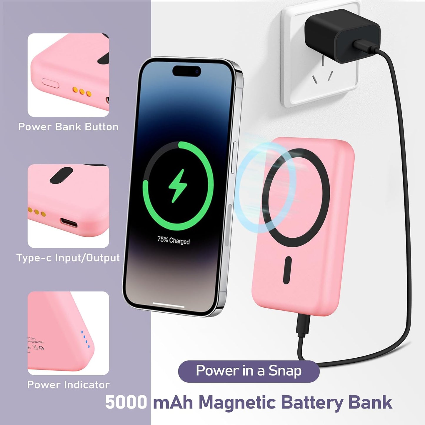 3 in 1 Wireless Charging Station: 5000mAh Removable Power Bank Charger Stand for Phone/Watch/Air Pods - Portable Magnetic Battery Pack for Air 17 16 15 14 13 12 Series