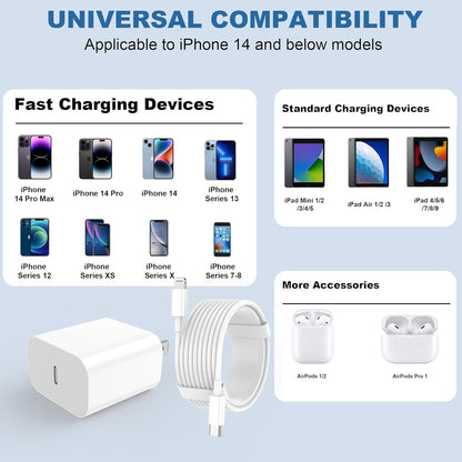 iPhone Charger Fast Charging 2 Pack Type C Wall Charger Block with 2 Pack [6FT&10FT] Long USB C to Lightning Cable for iPhone 14/13/12/12 Pro Max/11/Xs Max/XR/X,AirPods Pro