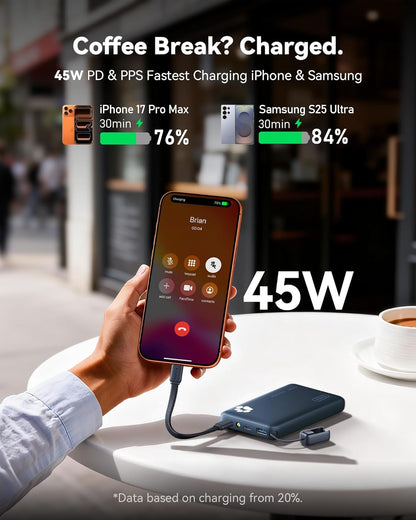INIU Portable Charger, Ultra Slim 45W Fast Charging with Attached USB C Cable, Flight-Safe 10000mAh PD Power Bank Battery Pack, Travel Essential Phone Powerbank for iPhone 17 16 Samsung S25 Google etc