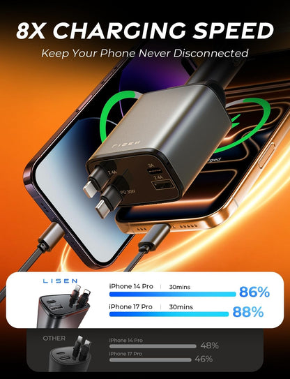 LISEN Retractable Car Charger, for Christmas Day Gifts for Men Women, 69W Cars Adapter USB C Fast Charger for iPhone 17, Car Accessories for Men Women Drivers, for iPhone 17 Pro Max Air 15 16 12 13 14