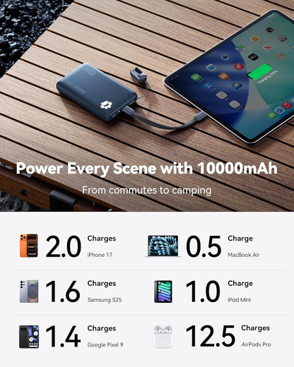 INIU Portable Charger, Ultra Slim 45W Fast Charging with Attached USB C Cable, Flight-Safe 10000mAh PD Power Bank Battery Pack, Travel Essential Phone Powerbank for iPhone 17 16 Samsung S25 Google etc