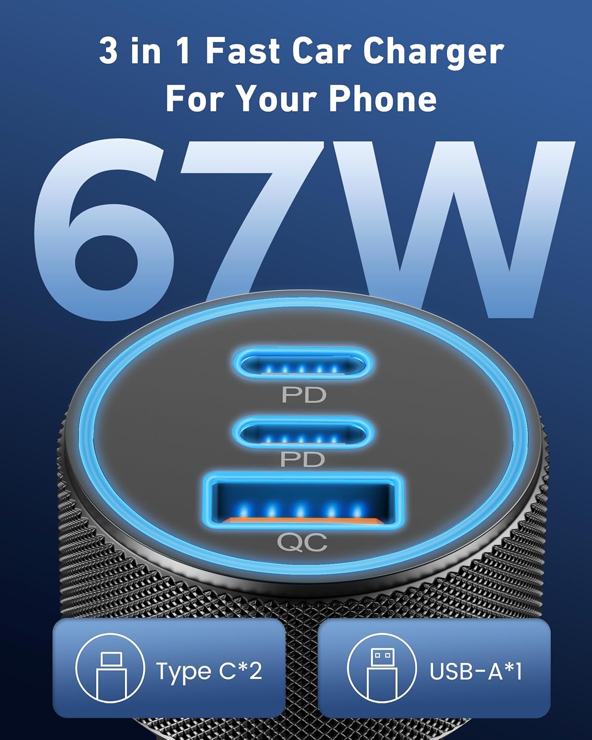 USB C Car Charger, 3-Port 67W Dual USB-C & USB-A Car Power Adapter PD/QC Fast Charging Cigarette Lighter for iPhone 17/16/15/14/13/12/11 Pro Max, iPad, Samsung Galaxy S25 S24/S23/S22, Pixel, Android