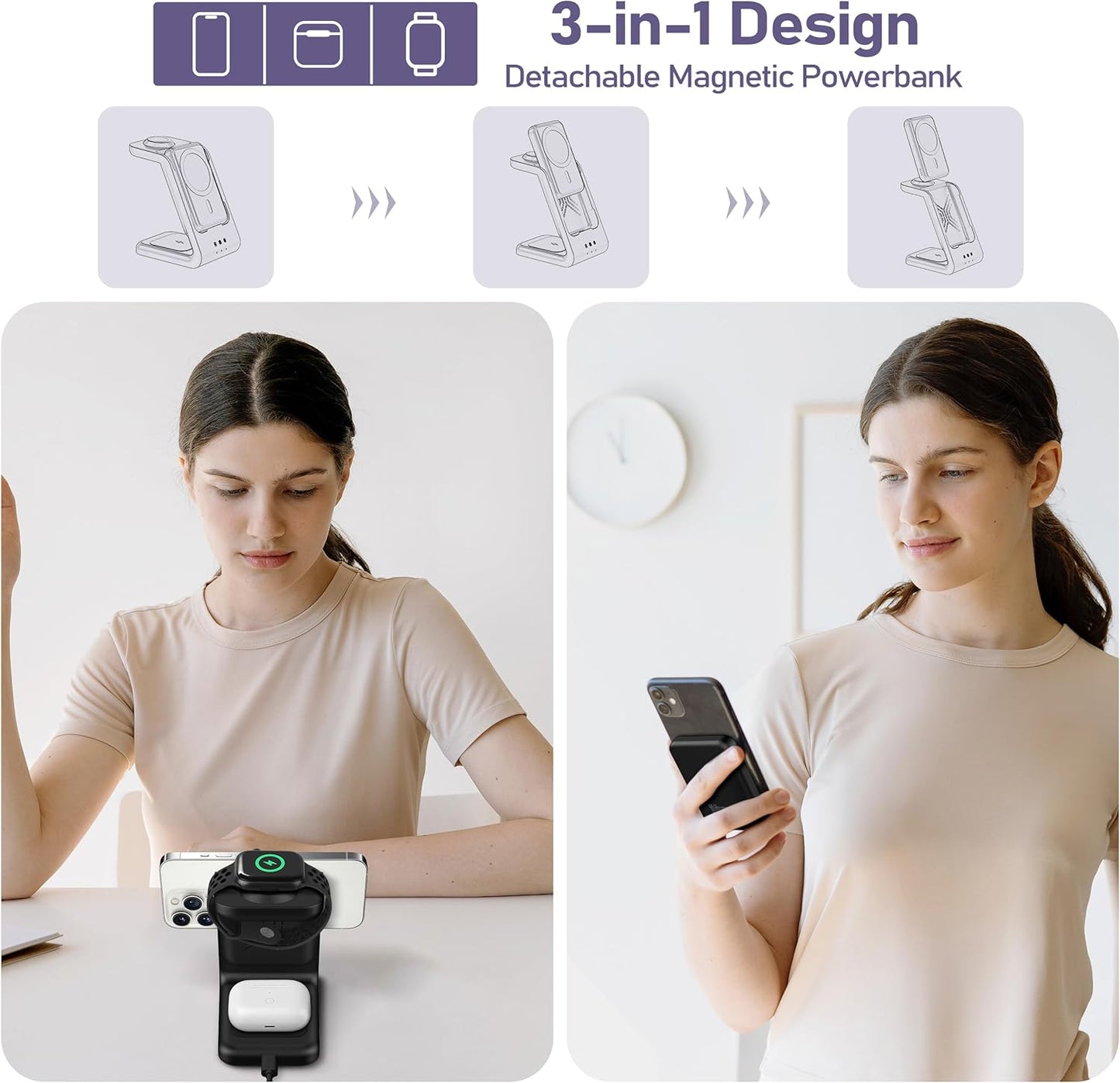 3 in 1 Wireless Charging Station: 5000mAh Removable Power Bank Charger Stand for Phone/Watch/Air Pods - Portable Magnetic Battery Pack for Air 17 16 15 14 13 12 Series