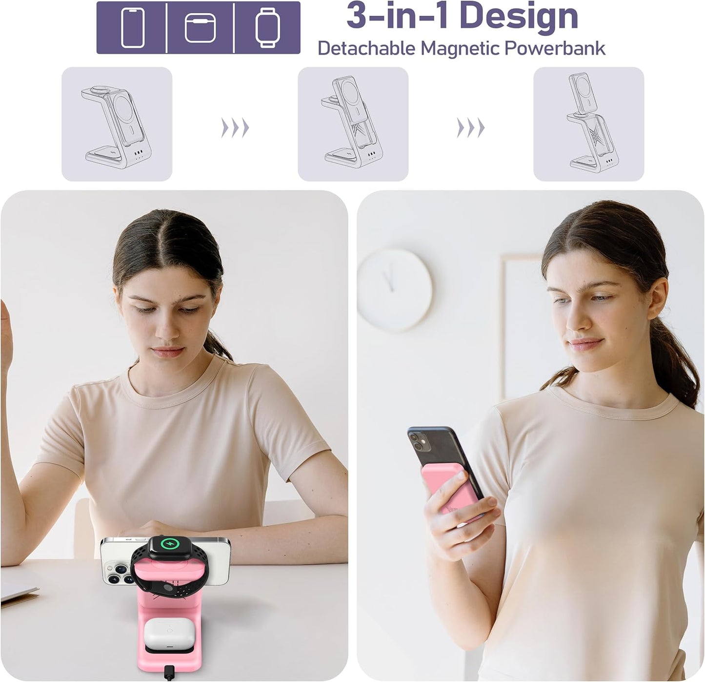 3 in 1 Wireless Charging Station: 5000mAh Removable Power Bank Charger Stand for Phone/Watch/Air Pods - Portable Magnetic Battery Pack for Air 17 16 15 14 13 12 Series