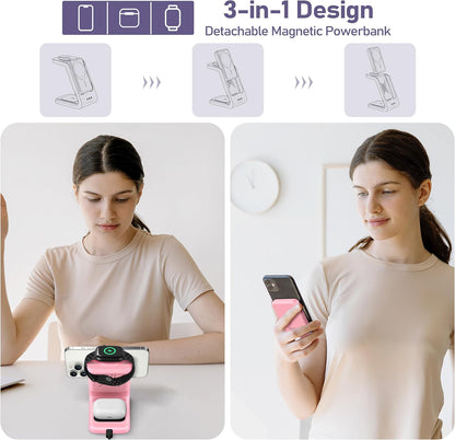 3 in 1 Wireless Charging Station: 5000mAh Removable Power Bank Charger Stand for Phone/Watch/Air Pods - Portable Magnetic Battery Pack for Air 17 16 15 14 13 12 Series