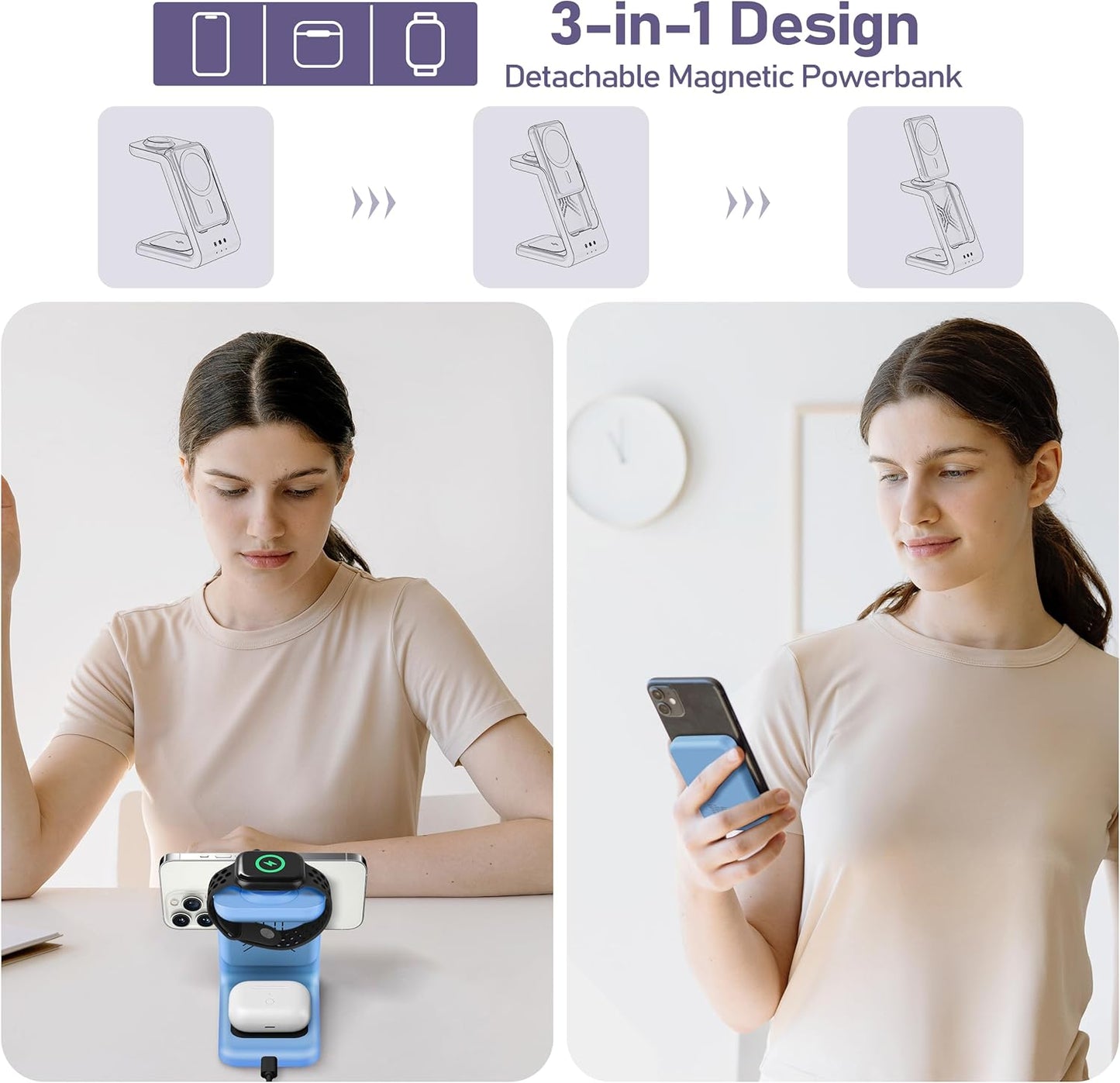 3 in 1 Wireless Charging Station: 5000mAh Removable Power Bank Charger Stand for Phone/Watch/Air Pods - Portable Magnetic Battery Pack for Air 17 16 15 14 13 12 Series