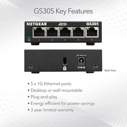 NETGEAR 5-Port Gigabit Ethernet Unmanaged Essentials Switch (GS305) - Home Network Hub, Office Ethernet Splitter, Plug-and-Play, Silent Operation, Desktop or Wall Mount