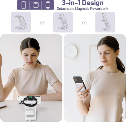 3 in 1 Wireless Charging Station: 5000mAh Removable Power Bank Charger Stand for Phone/Watch/Air Pods - Portable Magnetic Battery Pack for Air 17 16 15 14 13 12 Series