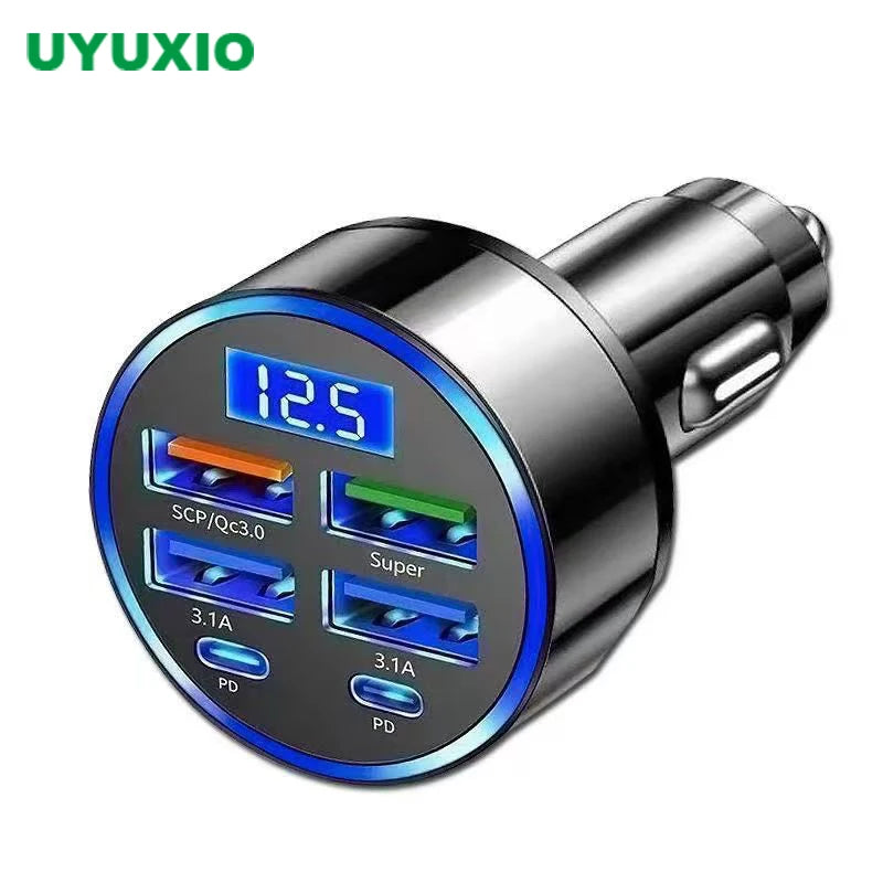 UYUXIO 6 in 1 USB C Car Phone Charger Adapter with Voltage Display Super Fast Charge in Car for iPhone 16 15 Pro Max Samsung