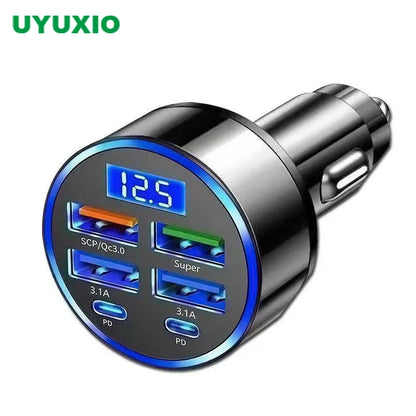 UYUXIO 6 in 1 USB C Car Phone Charger Adapter with Voltage Display Super Fast Charge in Car for iPhone 16 15 Pro Max Samsung